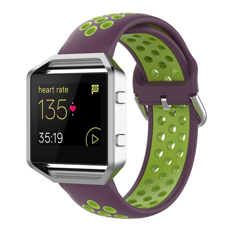 Purple and lime green silicone perforated watch strap with metal buckle