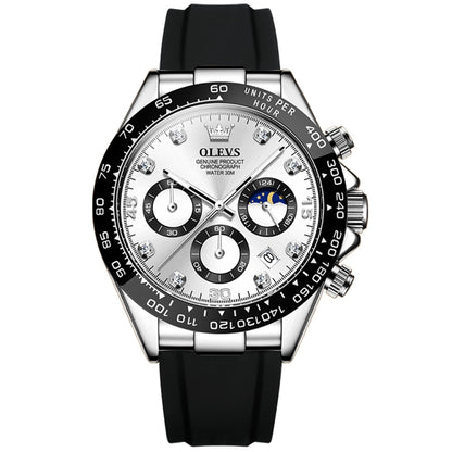 Men's multifunction sports chronograph quartz watch, white dial, silver case, black silicone strap