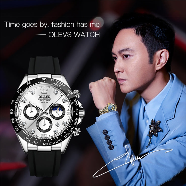 Men's multifunction sports chronograph quartz watch with white dial and black silicone strap