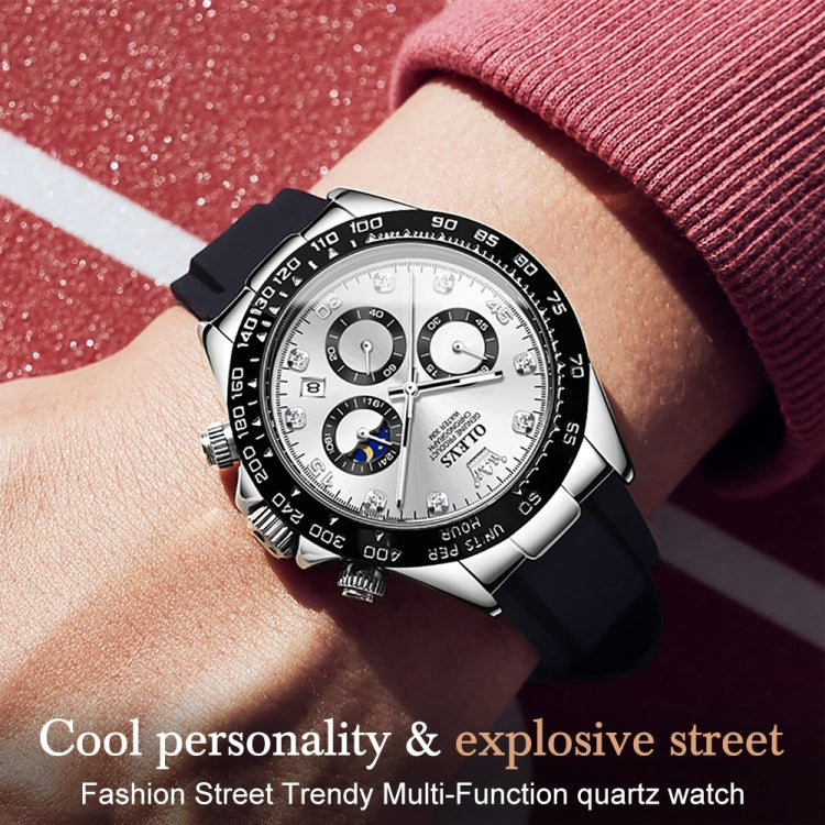 Men's multifunction sports chronograph quartz watch, black bezel, white dial, black silicone strap