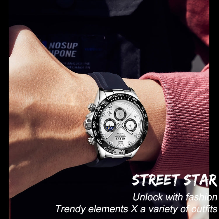 Men's multifunction sports chronograph quartz watch on wrist, white dial, black silicone strap