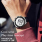 Men's multifunction sports chronograph quartz watch on wrist, white dial, black silicone strap