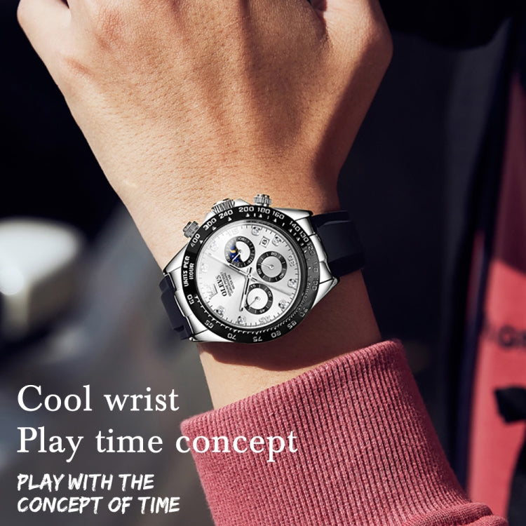 Men's multifunction sports chronograph quartz watch on wrist, white dial, black silicone strap