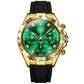 Multifunction sports chronograph quartz watch with green dial, gold-tone case and black strap