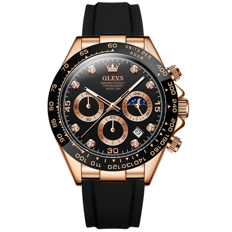 Multifunction sports chronograph quartz watch with rose-gold case, brown dial and black strap
