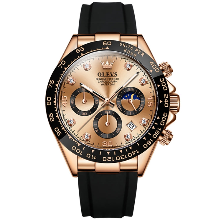 Multifunction sports chronograph quartz watch with champagne dial, rose-gold case and black strap
