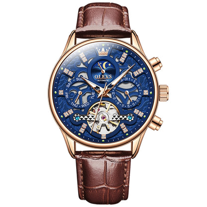 Mechanical watch with blue skeleton dial, rose-gold case, brown leather strap