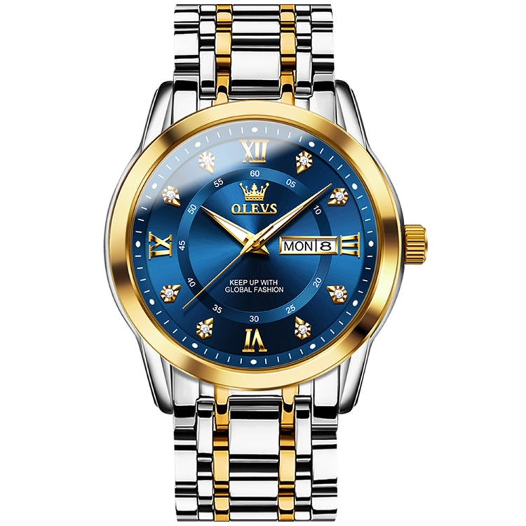 Men's business quartz watch with blue dial, gold bezel, and two-tone stainless bracelet