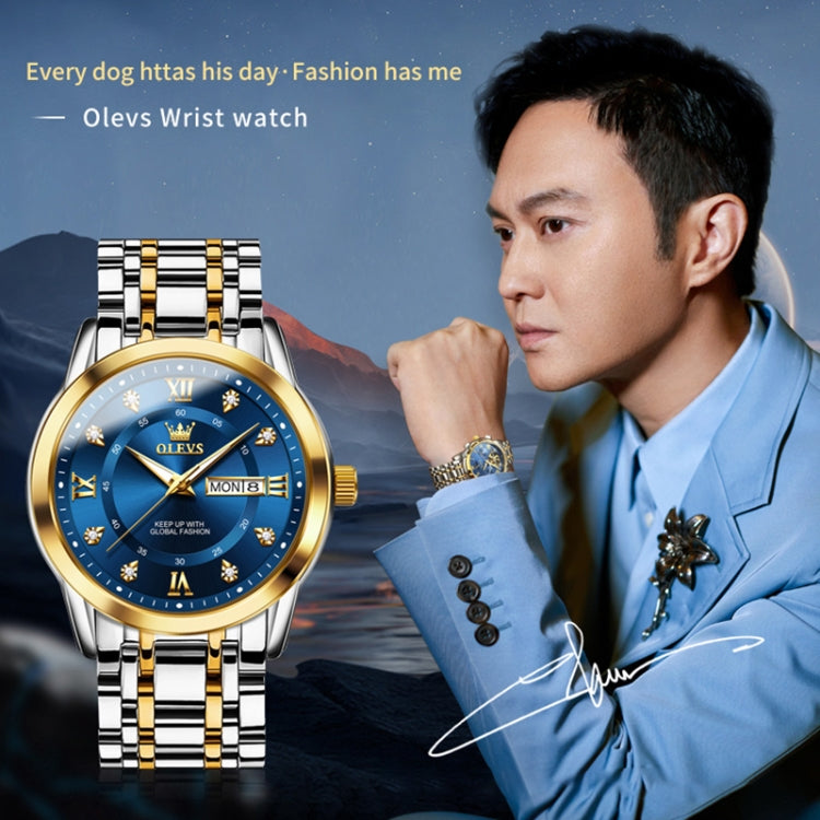 Men's two-tone wristwatch with blue dial and gold bezel on stainless bracelet