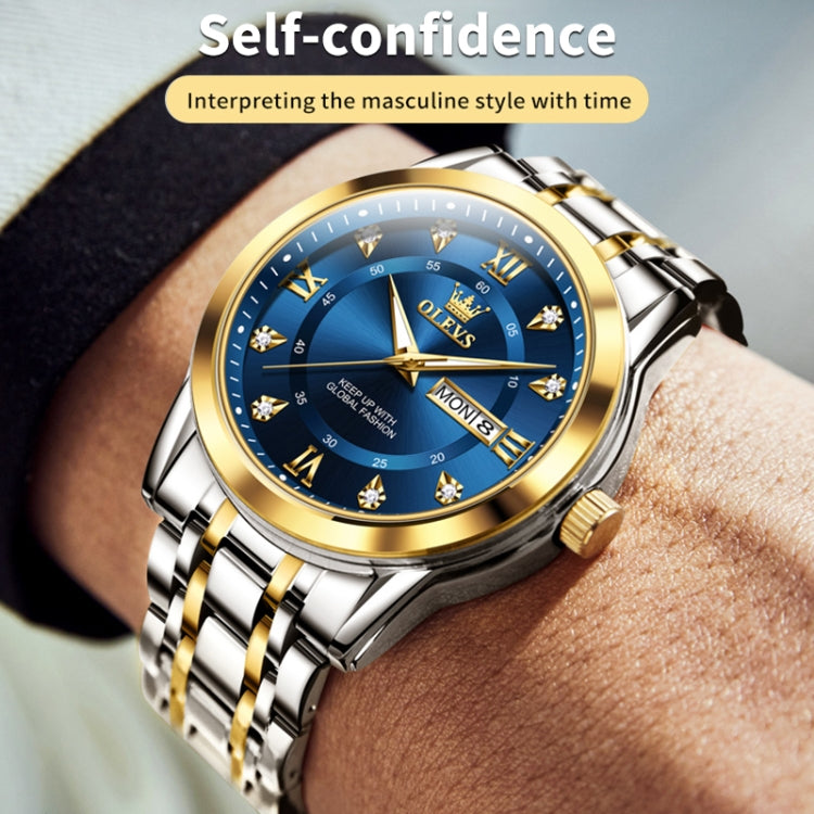 Men's quartz wristwatch with blue dial, gold bezel, and two-tone stainless link bracelet