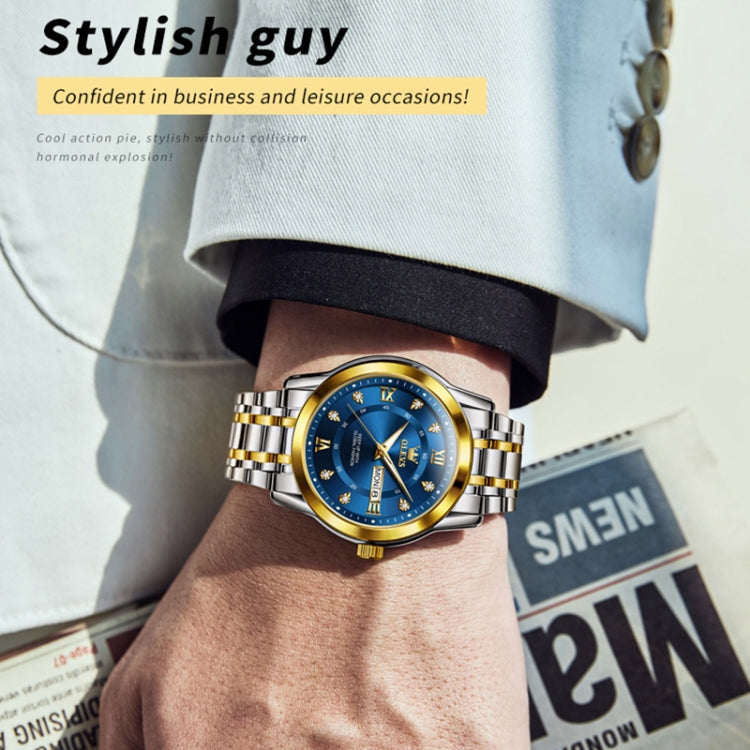 Two-tone men’s quartz watch with blue dial and gold crown on stainless link bracelet