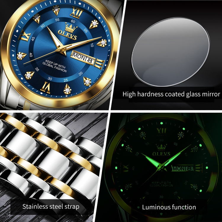 Blue dial watch close-up with luminous hands, stainless strap, and gold bezel