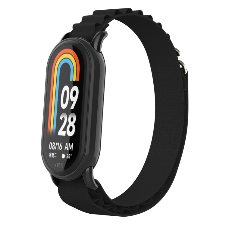 Metal plug loop nylon watch band with black strap and black watch front