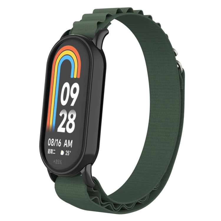 Metal plug loop nylon watch band with dark green strap and black watch front