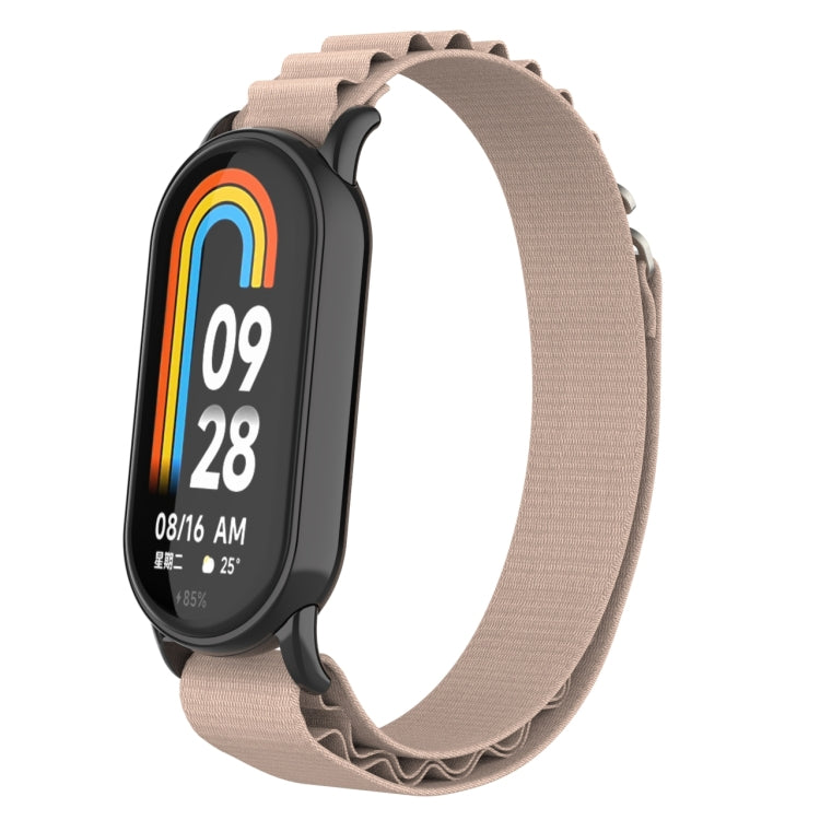 Metal plug loop nylon watch band with taupe strap and black watch front