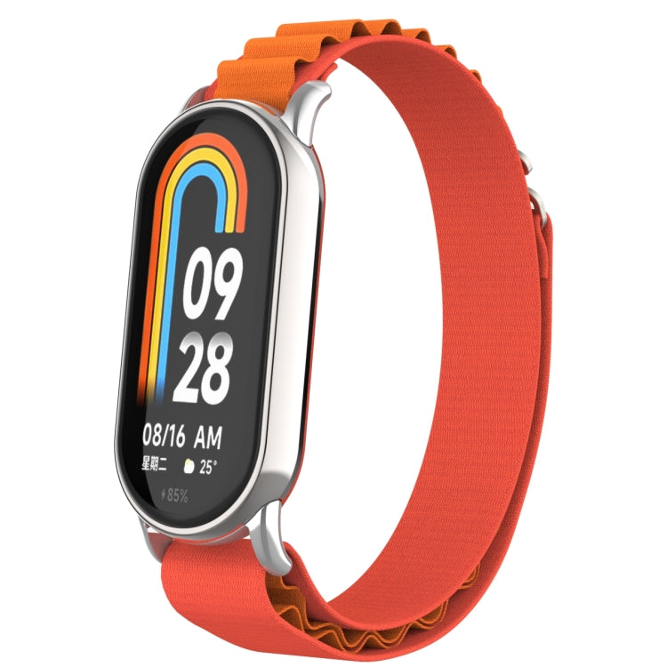 Orange nylon loop watch band with metal plug clasps and silver links