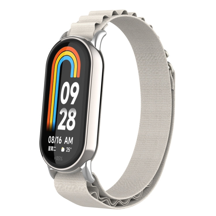 Light gray nylon loop watch band with metal plug clasps and silver links