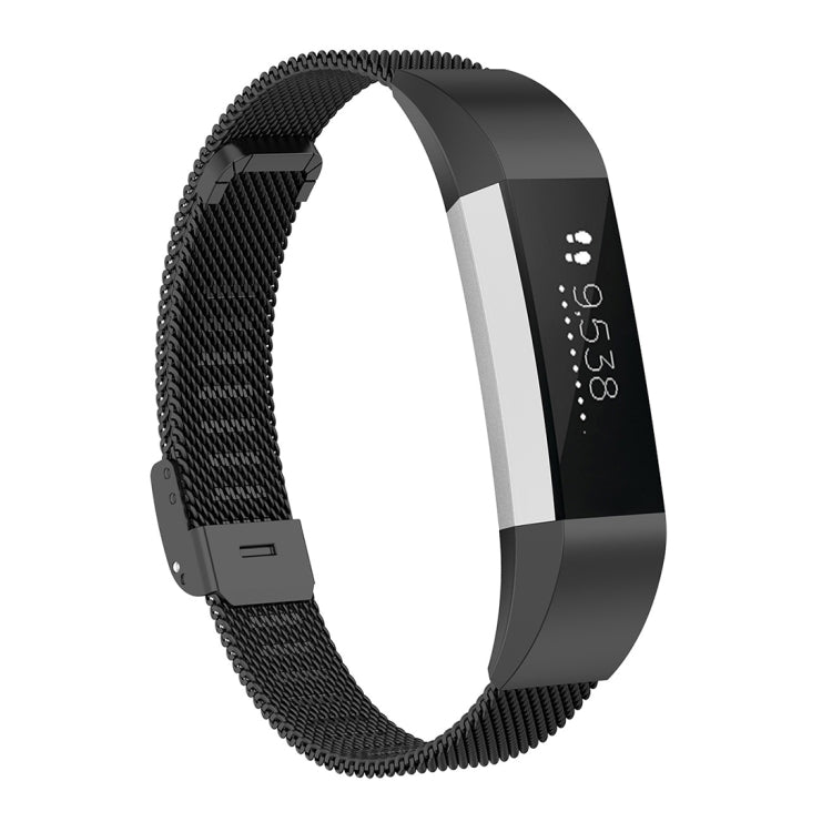 Black mesh metal watch strap with buckle, shown in a side view