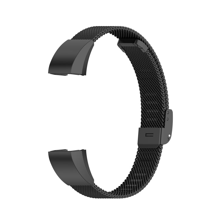 Black mesh metal watch strap with rectangular buckle, front angle view