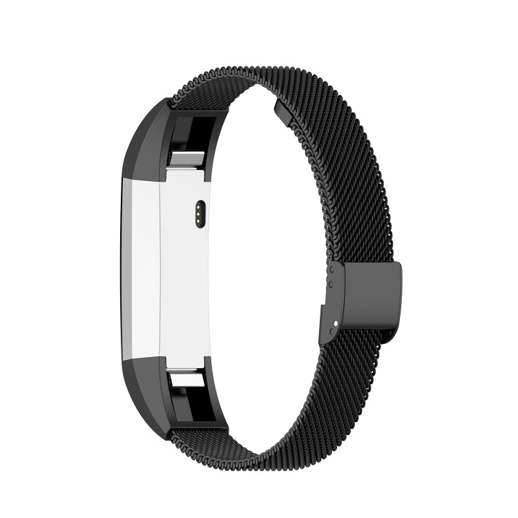 Black mesh metal watch strap with clasp and display-side cutout, side view