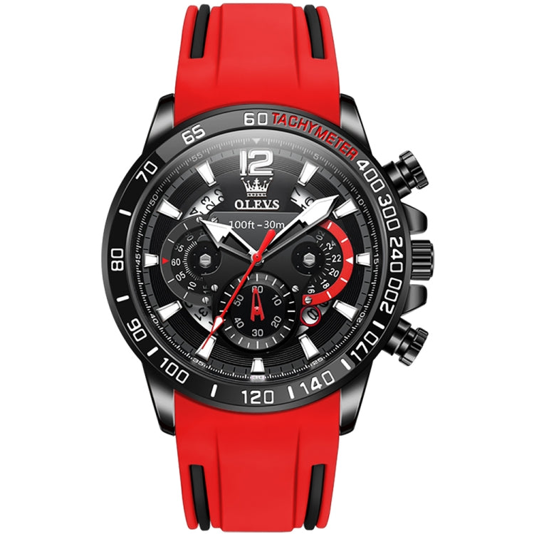 Red silicone sports quartz chronograph watch with black dial and silver multi-pusher case