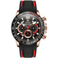 Black silicone sports quartz chronograph watch with rose-gold accents and multi-function dial