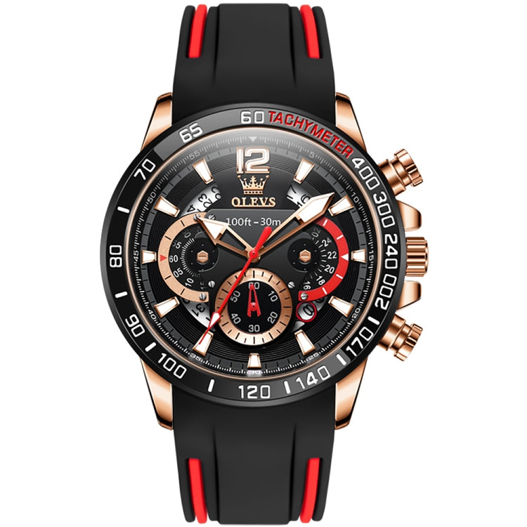 Black silicone sports quartz chronograph watch with rose-gold accents and multi-function dial