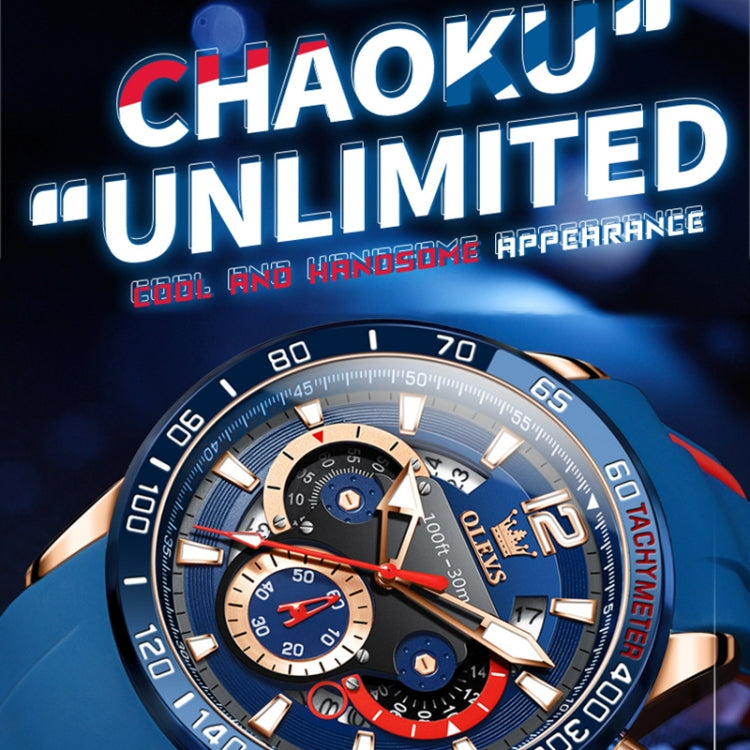 Close-up blue dial sports quartz chronograph watch with rose-gold hands and red subdials