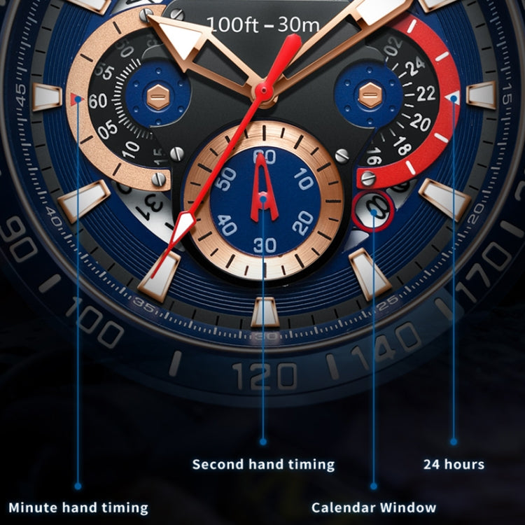 Close-up chronograph watch dial with red seconds hand, subdials, and date window