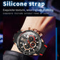 Black silicone sports quartz chronograph watch with red highlights and metal bezel accents