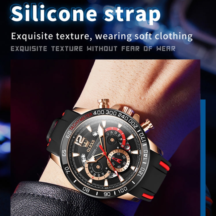 Black silicone sports quartz chronograph watch with red highlights and metal bezel accents