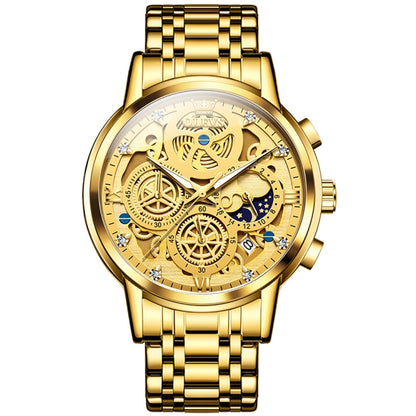 OLEVS men’s multifunction skeleton quartz watch, gold-tone metal bracelet and round case