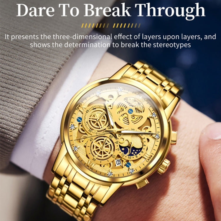 Gold-tone OLEVS skeleton quartz watch close-up, round case with jeweled dial details