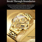 Gold-tone OLEVS multifunction skeleton watch on wrist, round case with crown on side