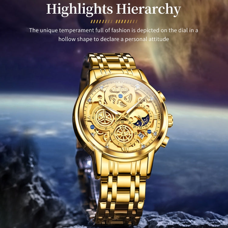 Gold-tone OLEVS skeleton quartz watch, round face with openwork dial and metal bracelet