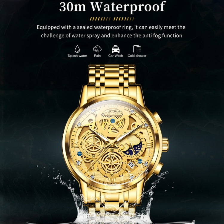 Gold-tone OLEVS multifunction quartz watch with metal link bracelet, round openwork dial