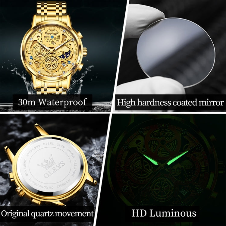 Gold-tone OLEVS watch details: dial view, case back, and luminous hands on quartz model