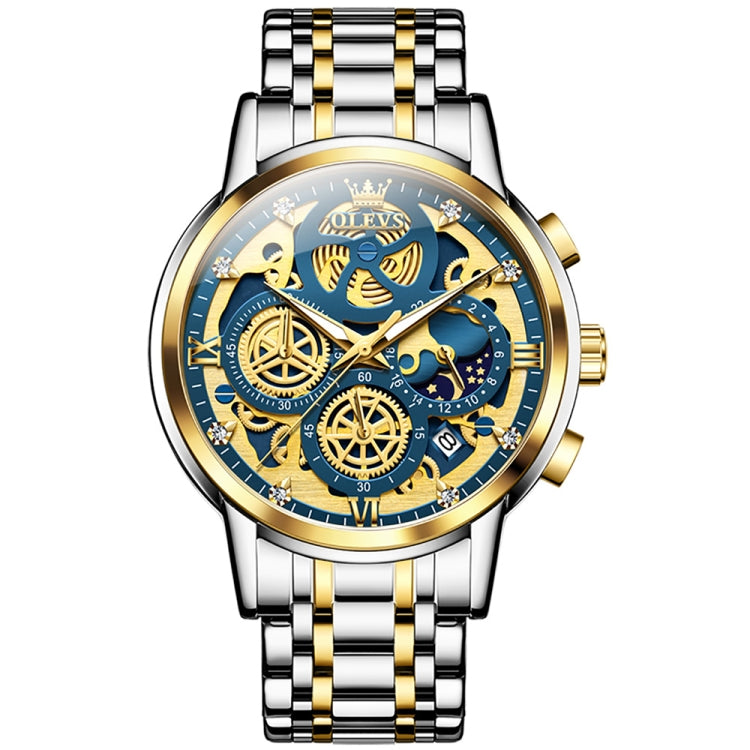 Two-tone men's quartz watch with blue dial, gold bezel, metal link bracelet