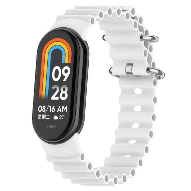 White silicone watch band with perforated links and metal clasp for fitness tracker
