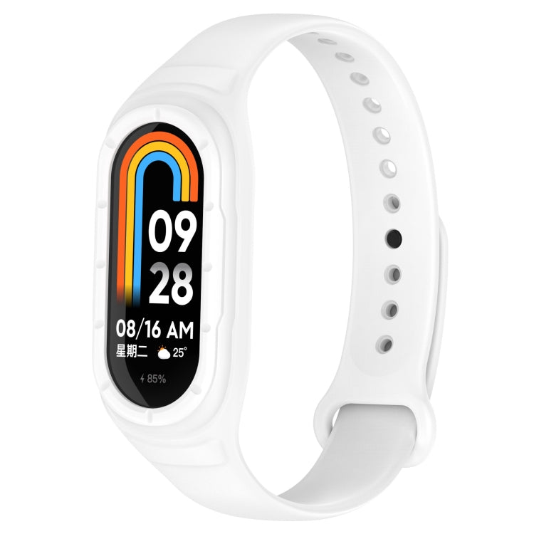 White silicone replacement watch band with perforated holes and clasp; tracker display visible