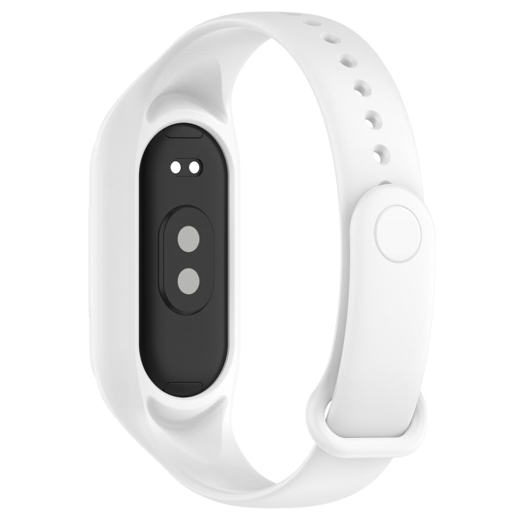 White silicone replacement watch band with clasp; back of tracker module visible