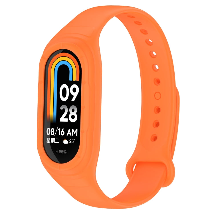 Orange silicone replacement watch band with perforated holes and clasp; tracker display