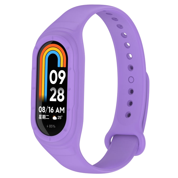 Purple silicone replacement watch band with perforated holes and clasp; tracker display
