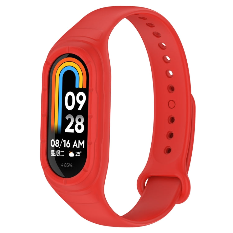 Red silicone replacement watch band with perforated holes and clasp; tracker display