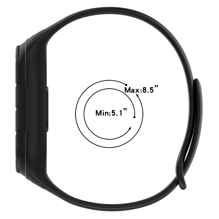 Black silicone watch band size: Min 5.1 in, Max 8.5 in
