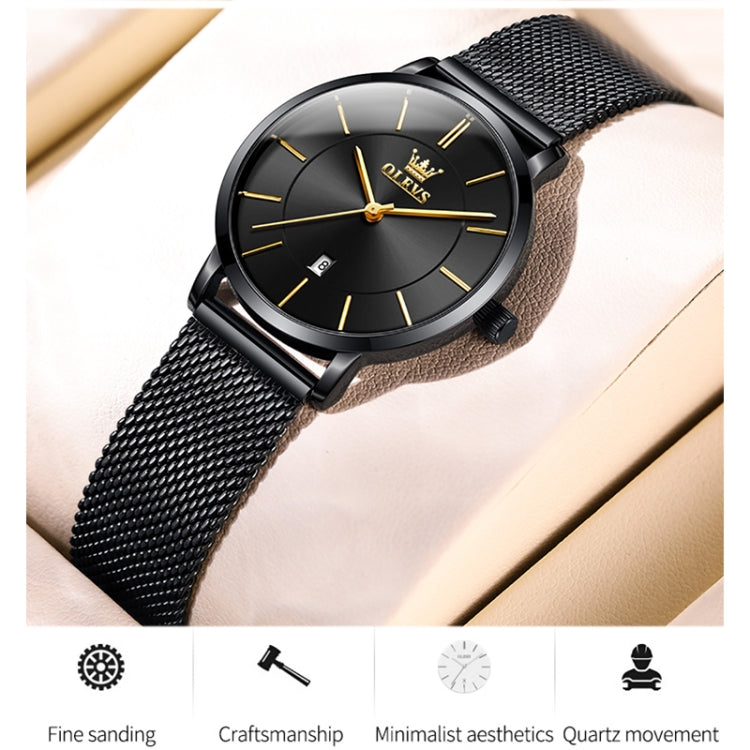 Black dial quartz watch with black mesh steel strap, minimal gold-style markers