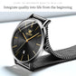 Black dial quartz watch with mesh steel bracelet, side angle with crown visible