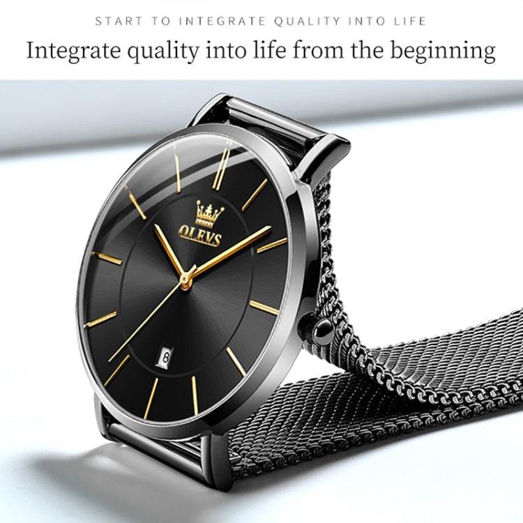 Black dial quartz watch with mesh steel bracelet, side angle with crown visible