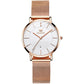 White dial ladies quartz watch with rose-gold case and metal mesh strap