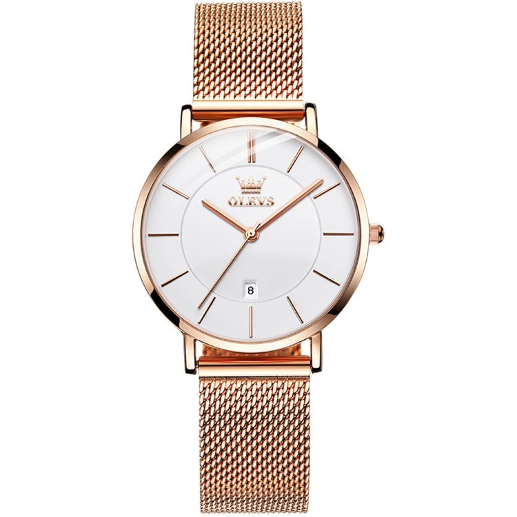 White dial ladies quartz watch with rose-gold case and metal mesh strap